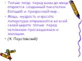 Только тогда перед вами до конца откроется созданный писателем большой и прекрасный мир... Мощь, мудрость и красота литературы открываются во всей своей широте только перед человеком просвещенным и знающим. (К. Паустовский)