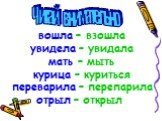 Читай внимательно. вошла – взошла увидела – увидала мать – мыть курица – куриться переварила – перепарила отрыл – открыл