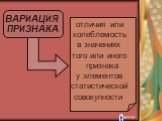 ВАРИАЦИЯ ПРИЗНАКА. отличия или колеблемость в значениях того или иного признака у элементов статистической совокупности