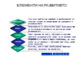 ЕЛЕМЕНТИ НА РАЗВИТИЕТО. Качества Знания Умения Изяви Отношение. Всички, които имат необходимия минимум качества, подлежат на развитие. Дефицитът е явен в много отношения, но това може да се навакса с обучения при тези, които имат качества. Чрез трупане на опит, обучения и коучинг повечето ръководите