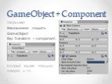 GameObject + Component. Например: Невозможно создать GameObject без Transform – component. Который задает позицию, поворот и т.п.