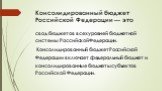 Консолидированный бюджет Российской Федерации — это. свод бюджетов всех уровней бюджетной системы Российской Федерации. Консолидированный бюджет Российской Федерации включает федеральный бюджет и консолидированные бюджеты субъектов Российской Федерации.