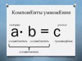 КомпонЕнты умножЕния. a∙ b = c (со)мнОжитель (со)мнОжители произведЕние multiplier product
