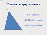 Элементы треугольника. А, В, С – вершины АВ, ВС, АС – стороны угол А, угол В, угол С