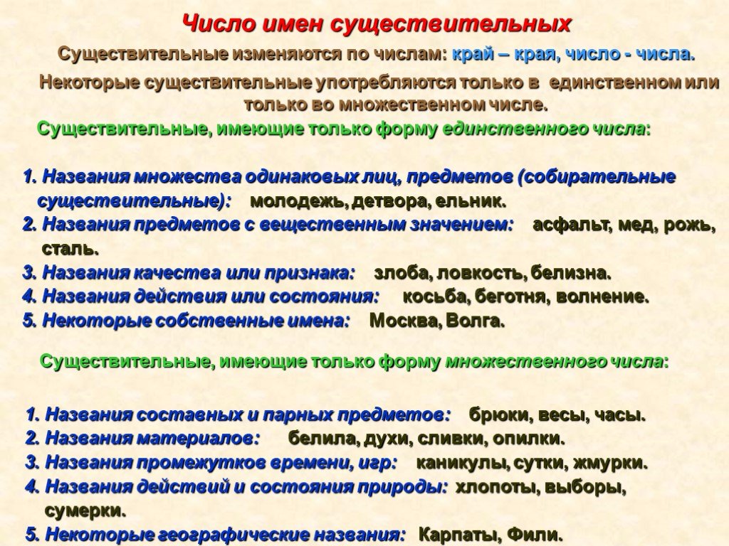 Имена существительные которые имеют форму только единственного числа 5 класс презентация