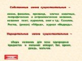 Собственные имена существительные – имена, фамилии, прозвища, клички животных, географические и астрономические названия, названия газет, журналов, книг и т.д.: Сахалин, Ростов, (роман) «Обрыв», журнал «Медведь». Нарицательные имена существительные – общее название для всех однородных предметов и яв