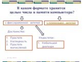 В каком формате хранятся целые числа в памяти компьютера? с фиксированной запятой. Достоинства: Простота Наглядность Простота вычислений. Недостаток: Небольшой диапазон. с плавающей запятой