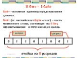 8 бит = 1 байт Байт - основная единица представления данных. Байт (от английского byte - слог) – часть машинного слова, состоящая из 8 бит, обрабатываемая в ЭВМ как одно целое. ячейка из 8 разрядов. 7 разряд