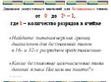 Диапазон допустимых значений для беззнаковых типов: от 0 до 2k – 1, где k – количество разрядов в ячейке. «Найдите значения верхних границ диапазонов для беззнаковых типов в 16- и 32-х разрядном представлении» «Какие беззнаковые целочисленные типы данных языка Паскаль вы знаете?»