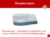 Клавиатура. Клавиатура – стандартное устройство для ввода числовой и текстовой информации.