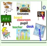 window classroom timetable teacher pupil desk board. Match the words with the pictures. Pull the words to the pictures. If you are right, the word will swirl. If not - it will go back to it's place. *** Cоедините слова с картинками. Тяните слова к картинкам. Если вы правы, то слово будет вращаться. 