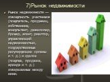 7)Рынок недвижимости. Рынок недвижимости — совокупность участников (покупатель, продавец, собственник, консультант, девелопер, брокер, агент, риелтор, управляющий недвижимостью, государственные регулирующие органы и т. д.) и сделок (покупка, продажа, аренда и т. д.) совершаемых между ними.