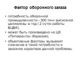 Фактор оборонного заказа. потребность оборонной промышленности - 300 тонн вискозной целлюлозы в год ( 2 суток работы БЦБК), может быть произведено на ЦЗ «Питкяранта» (Карелия), объективные факторы вызывают сомнение в такой потребности и заказном характере данной проблемы