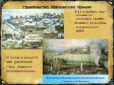 В 12 в. Кремль был сложен из сосновых бревен. В начале 14 в. стены построили из дуба. Строительство Московского Кремля. И только в конце 14 века деревянные стены заменили белокаменными.