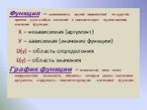 Функция – зависимость одной переменной от другой, причем для любых значений х соответствует единственное значение функции Х – независимая (аргумент) У – зависимая (значение функции) D(y) – область определения Е(у) – область значения График функции – множество всех точек координатной плоскости, абсци