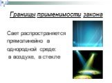 Границы применимости закона. Свет распространяется прямолинейно в однородной среде: в воздухе, в стекле