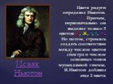Цвета радуги определил Ньютон. Причем, первоначально он выделил только 5 цветов: К, Ж, З, Г, Ф. Но потом, стремясь создать соответствие между числом цветов спектра и числом основных тонов музыкальной гаммы, И.Ньютон добавил еще 2 цвета. Исаак Ньютон