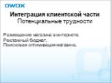 Интеграция клиентской части Потенциальные трудности. Размещение магазина в интернете. Рекламный бюджет. Поисковая оптимизация магазина.