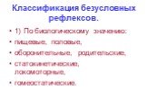 Классификация безусловных рефлексов. 1) По биологическому значению: пищевые, половые, оборонительные, родительские, статокинетические, локомоторные, гомеостатические.