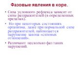 Фазовые явления в коре. Сила условного рефлекса зависит от силы раздражителей (в определенных пределах). Но при некоторых состояниях организма, даже при нормальной силе раздражителей, наблюдается нарушение закона «силовых отношений». Различают несколько фаз таких нарушений.