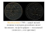 Полполушки 1700 г. самый мелкий номинал в истории российских монет (возможно, на фотографии — поддельный «новодел», а не оригинал)