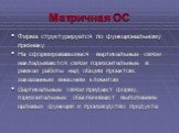 Матричная ОС. Фирма структурируется по функциональному признаку На сформировавшиеся вертикальные связи накладываются связи горизонтальные в рамках работы над общим проектом, заказанным внешним клиентом Вертикальные связи придают форму, горизонтальные обеспечивают выполнение целевых функций и произво