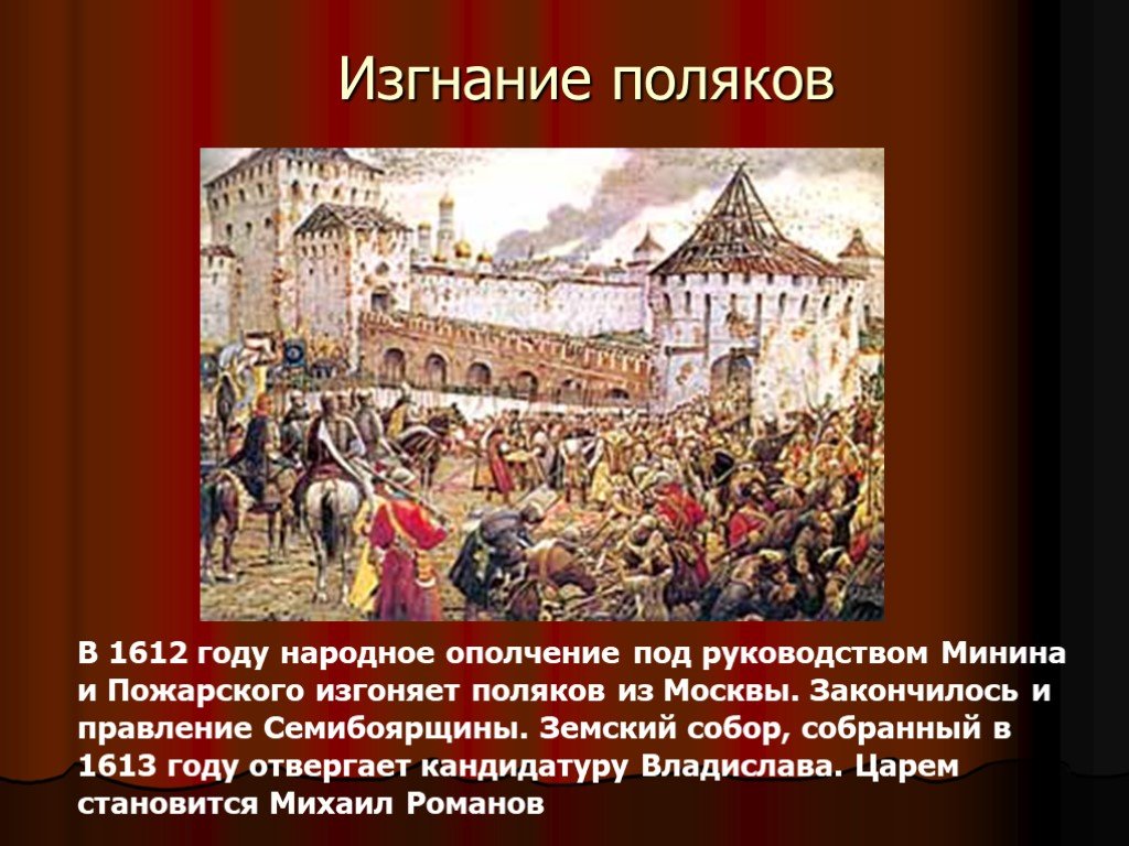 В году под руководством. Ополчение Минина и Пожарского 1612. Народное ополчение 1612 года изгнание. 1612 Год народное ополчение Минина и Пожарского. Изгнание Поляков из Москвы Мининым и Пожарским 1612.