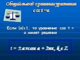 Общий вывод о решении уравнения cos t =a. Если |а|≤1, то уравнение cos t = a имеет решения. t = ±arccos a + 2πκ, k є Z
