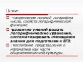 Цели: -закрепление понятий логарифма числа, свойств логарифмической функции; -развитие умений решать логарифмические уравнения, систематизировать имеющиеся знания для подготовки к ЕГЭ; - воспитание представления о математике как части общечеловеческой культуры.