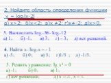 2. Найдите область определения функции у = log3lx-2l а) х>2; б)х0. 3. Вычислить log1/336- log1/312 а) 1; б) -1; в) 3; г) – 3; д) нет решений. 4. Найти х: log5х = - 1 а) -5; б) 0; в) 5; г)1/5 ; д) -1/5. 5. Решить уравнение: lg х² = 0 а) -1; б) 0; в) 1; г) нет решений; д) х = -1, х = 1.