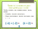 Чтобы сложить два отрицательных числа, нужно: Сложить модули слагаемых; Перед полученным числом поставить знак « – »; (-6) + (-2) = (6 + 2) = 8. –