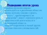 Подведение итогов урока. Графики функции широко используются в различных областях науки, поэтому умение строить, “читать”, прогнозировать их “поведение”, имеет огромную роль в практической деятельности в инженерной области, гидрометеорологов и людей других математических специальностей.