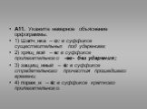 А11. Укажите неверное объяснение орфограммы. 1) Шапч_нка – о: в суффиксе существительных под ударением; 2) хрящ_вой – е: в суффиксе прилагательного -ев- без ударения; 3) защищ_нный – ё: в суффиксе страдательного причастия прошедшего времени; 4) пораж_н – ё: в суффиксе краткого прилагательного.