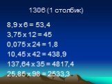 1306 (1 столбик). 8,9 х 6 = 53,4 3,75 х 12 = 45 0,075 х 24 = 1,8 10,45 х 42 = 438,9 137,64 х 35 = 4817,4 25,85 х 98 = 2533,3