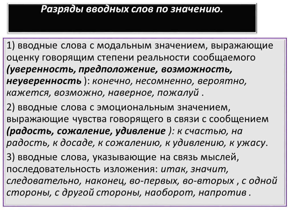 Понятие о вводных словах их группы по значению 8 класс презентация