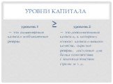 Уровни капитала уровень 1. — это акционерный капитал и объявленные резервы. уровень 2. — это дополнительный капитал,, к которому относят капитал низкого качества, скрытые резервы, доступные для банка в соответствии с законодательством страны и т. д. ≥