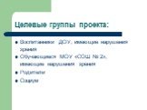 Целевые группы проекта: Воспитанники ДОУ, имеющие нарушения зрения Обучающиеся МОУ «СОШ № 2», имеющие нарушения зрения Родители Социум