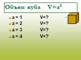 Объем куба V=a3. a = 1 V=? a = 2 V=? a = 3 V=? a = 4 V=? a