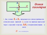 Две точки А и А1 называются симметричными относительно прямой а, если эта прямая проходит через середину отрезка АА1 и перпендикулярна к нему. А А1 а О а – ось симметрии Осевая симметрия