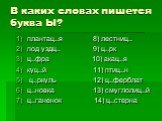 В каких словах пишется буква Ы? плантац..я 8) лестниц.. под уздц.. 9) ц..рк ц..фра 10) акац..я куц..й 11) птиц..н ц..ркуль 12) ц..ферблат ц..новка 13) смуглолиц..й ц..ганенок 14) ц..стерна