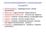 Зачем мониторировать концентрацию лекарств? Оптимизировать индивидуальный режим дозирования Объяснить недостаточную эффективность Предотвратить/объяснить токсические эффекты Оценить влияние лекарственных взаимодействий Оценить влияние низкого уровня белка Оценить влияние изменения функции органов, и