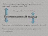 Коммуникативный подход. - Умение создавать, читать и понимать тексты различного типа и характера. - Знание, как использовать язык для различных целей и функций. - Коммуникативная компетенция. -Умение поддерживать разговор даже при ограниченной лексической и грамматической базе