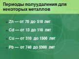 Периоды полуудаления для некоторых металлов. Zn — от 70 до 510 лет Cd — от 13 до 110 лет Cu — от 310 до 1500 лет Pb — от 740 до 5900 лет