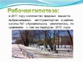 Рабочая гипотеза: в 2011 году количество вредных веществ, выбрасываемых автотранспортом в районе школы №1 г.Архангельска, увеличилось, по сравнению с тем же периодом 2010 года.