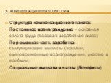 Структура компенсационного пакета: Постоянное вознаграждение – основная оплата труда (базовая заработная плата) Переменная часть заработка – стимулирующие выплаты (премии, единовременные вознаграждения, участие в прибыли) Социальные выплаты и льготы (бенефиты)