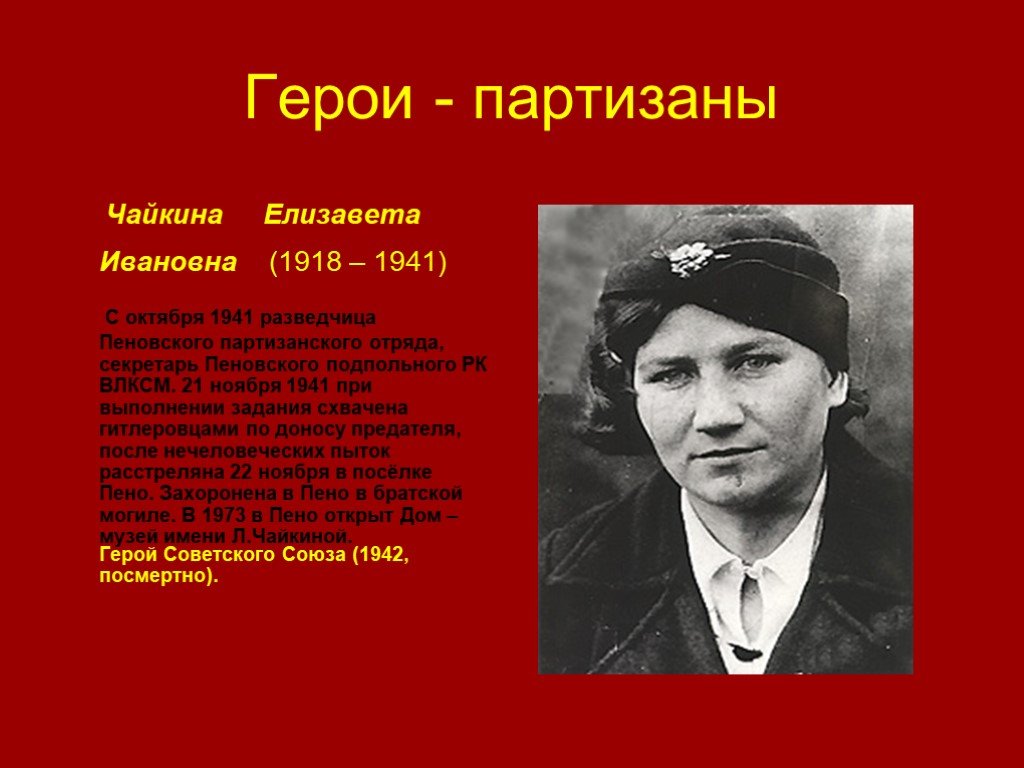 Тема героев. Елизавета Чайкина (1918-1941). Герои Партизаны Великой Отечественной войны 1941-1945. Чайкина Елизавета Ивановна 1918-1941. Герои Партизаны Великой Отечественной войны.