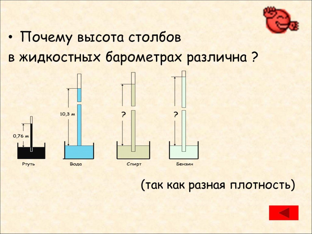 Изобразите на диаграмме высоту столба воды спирта и ртути оказывающих давление 10 в 4 па