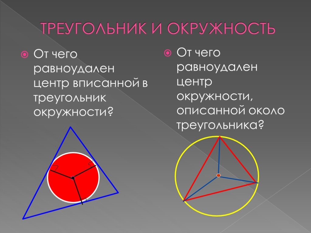 Какую окружность называют вписанной в треугольник. Центр вписанной окружности. Центр вписанной окружности треугольника. Окружность вписанная в треугольник. Вписанный и описанный треугольник.
