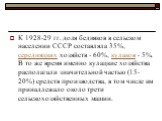 К 1928-29 гг. доля бедняков в сельском населении СССР составляла 35%, середняцких хозяйств - 60%, кулаков - 5%. В то же время именно кулацкие хозяйства располагали значительной частью (15-20%) средств производства, в том числе им принадлежало около трети сельскохозяйственных машин.