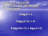 НАЙДИТЕ ОБЛАСТЬ ДОПУСТИМЫХ ЗНАЧЕНИЙ УРАВНЕНИЙ. 1.logx5 = 1 2.logx(x2-1) = 0 3.log5(2x+1) = log5(x+2)